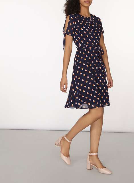 Navy And Orange Spotted Chiffon Fit and Flare Dress